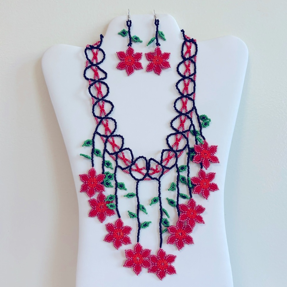 Lovely 9 flower handmade chakira bead string necklace - earrings